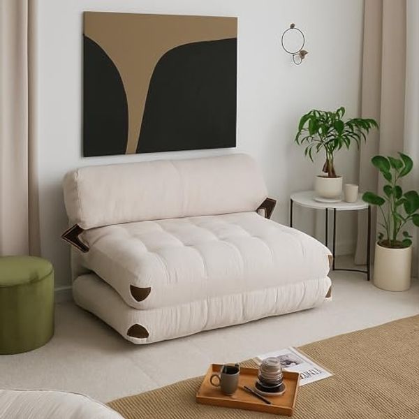 Dmora - 2-Sitzer SchlafsofaDysnomia, Verwandelbares Sofa, Lineare Stoffstruktur, Schlafsessel mit Stauraum, 120x75 h79 cm, Weiß