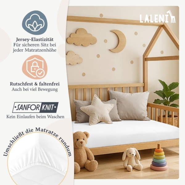 Laleni 2er-Set Jersey Spannbettlaken Babybett Kinderbett 60x120 cm - Oeko-Tex Zertifiziert, 100% Baumwolle, atmungsaktives Spannbetttuch Baby, 135 g/m², weiß Bild 4
