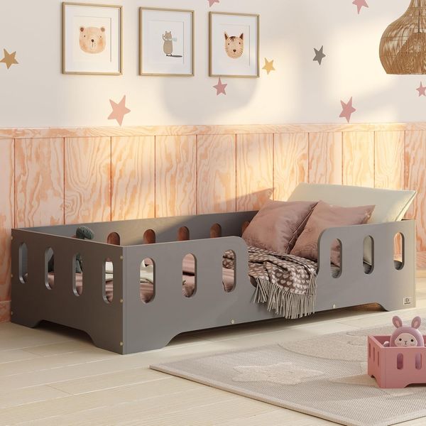 smartwood Kinderbett Bodenbett 140x200 mit Rausfallschutz & Lattenrost - Grau - Kinder Montessori Bett TILA 2 mit glatten Kanten - Betten für schnelle Montage - Bis 300 kg belastbar