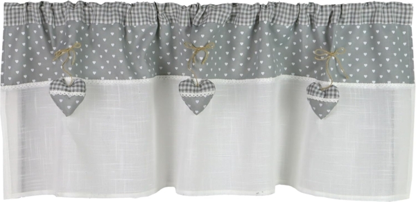 Clever-Kauf-24 Scheibengardine Scheibengardine, Landhaus, Herz, 2631-90, grau, Stangendurchzug, transparent, aufgesetzte Herzen in 3D Optik