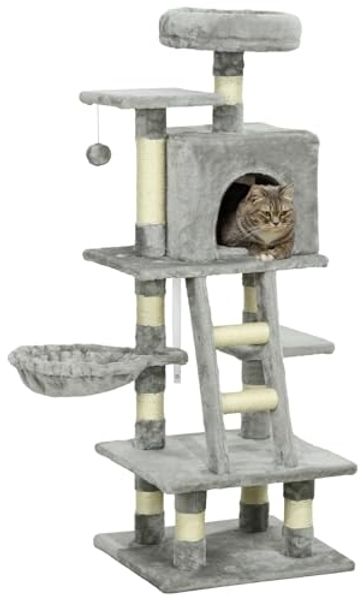 PawHut Kratzbaum Kratzstamm, Katzenkratzbaum mit Katzenbett, Spielball, für Katzen bis 4,5 kg Kratzmöbel, Sisal, Grau