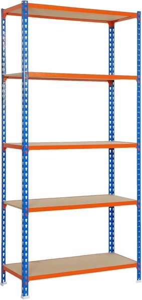 SimonRack Schwerlastregal, Lagerregal, 180 x 90 x 40 cm, Metallregal, Kellerregal, Biegestelle 150 kg, 5 Holzfachböden, Blau/Orange/Holz - Maderclick