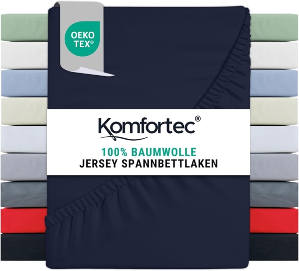 Komfortec Spannbettlaken Jersey 100% Baumwolle – 140x200 cm – 135g/m² – Weich, Atmungsaktiv & Hautfreundlich – Mit Rundumgummi – Oeko-Tex Zertifiziert – Für Boxspring, Topper & Matratzen – Blau