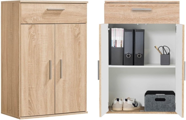 mokebo® Mehrzweckschrank 60cm Breite mit Schubladen & Einlegeböden 'Der Praktische' kurzer Schubladenschrank in Sonoma Eiche, Kleiner Schrank & Midischrank braun | 60 x 91 x 34 (B/H/T in cm)