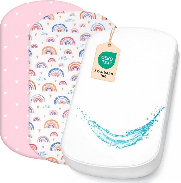 Lovely Hippo 2X Spannbettlaken 100% Baumwolle + 1X Matratzenschoner 100% wasserdichtem Material - Set 3X Kompatibel mit Iora (Regenbogenfarben, 60x80 cm)