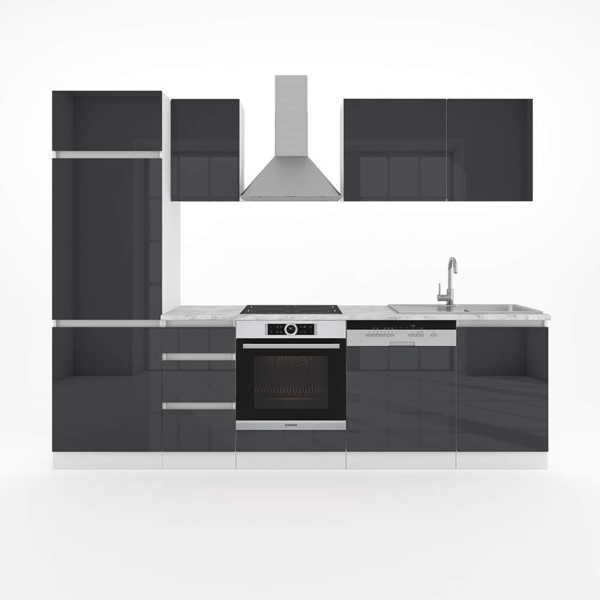 Vicco Küchenzeile Optima, Anthrazit Hochglanz/Weiß, 270 cm ohne Arbeitsplatte, grifflos