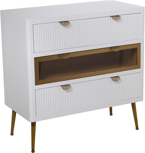 DRW Kommode mit 3 Schubladen, 1 Weiß und Gold, 80 x 40 x 80 cm, Höhe: 20,5 cm, Holz und Glas, Dorado