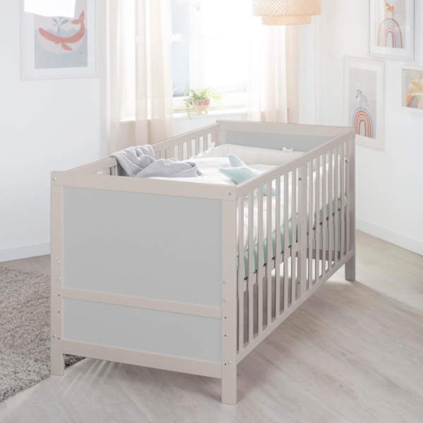 roba Babybett EASY SLEEP 70x140 cm inkl. Umbauecken - Mitwachsendes Gitterbett 3-fach höhenverstellbar - 3 Schlupfsprossen - Holz natur/grau