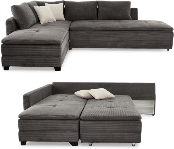 luma-home Ecksofa 15163, Dauerschläfer-Doppelbett 306x223 cm, Schwenkteil L/R, Bettkasten, Nachtkonsole, Boxspring, Federkern, Wellenunterfederung, Topper, Bezug Cord Grau Anthrazit