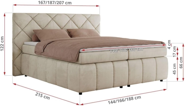Boxspringbett, Doppelbett, Polsterbett mit Matratzen und Kopfteil - RITA - 140 x 200 cm - Beige Velours - H3 Bild 2