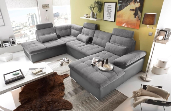 Couch Wohnlandschaft Schlaffunktion Schlafsofa grau grau hell Ottomane links