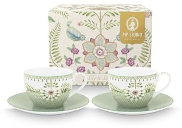 PiP Studio Tasse Lily&Lotus Light Green Tasse mit Untertasse 280ml Set2, Porzellan