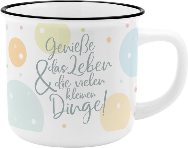 GRUSS & CO Becher Motiv Genieße | New Bone China Porzellan, Emaille-Optik, 35 cl | Geschenk lustig, fürs Osternest | 73932