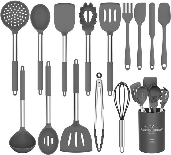 Silikon-Kochutensilien-Set, Umite Chef Küchenutensilien, 15-teiliges Kochutensilien-Set, antihaftbeschichtet, hitzebeständig, BPA-frei, Silikon-Griff, Kochutensilien, Schneebesen, Küchenutensilien Set, Grau