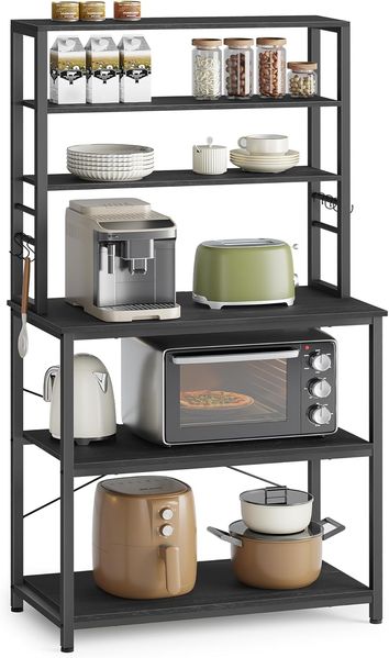Vasagle Küchenregal, Standregal für Küche, Mikrowellen-Regal, stehend, 6 Regalebenen und 6 Haken, für Mikrowelle, Stahlrahmen, Industrie-Design, 40 x 80 x 167 cm, anthrazitgrau-tintenschwarz KKS019B22