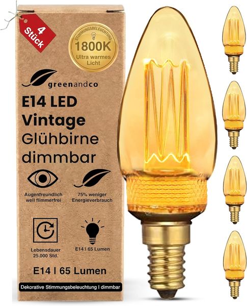 greenandco 4x LED Vintage Glühbirne zur Stimmungsbeleuchtung | dimmbar | E14 C35 | gold | 2,3W 65lm | 1800K extra warmweiß | 320° | 230V | flimmerfrei | Edison Glühbirne