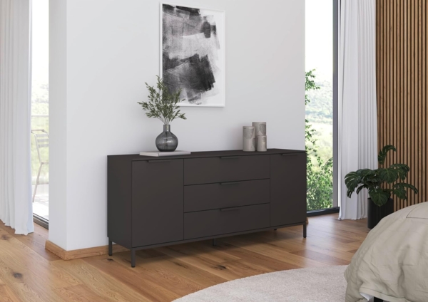 Rauch Möbel Flipp, Sideboard, TV-Schrank, Kommode mit Stauraum, mit Metallkufe Graphit, Graphit, Schwarz, 2-türig, 3 Schubladen, Griffe Graphit, 160 x 72 x 42 cm Bild 2