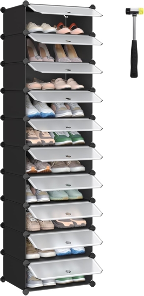 Songmics Schuhregal mit 10 Ebenen, Steckregal, Regalsystem, Schuh-Organizer, DIY-Regal, mit Tür, aus PP-Kunststoff, schwarz LPCDE10HV1