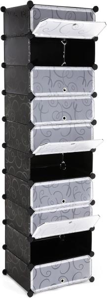 Songmics Schuhregal mit 10 Ebenen, Steckregal, Regalsystem, Schuh-Organizer, DIY-Regal, mit Tür, aus PP-Kunststoff, schwarz LPCDE10HV1