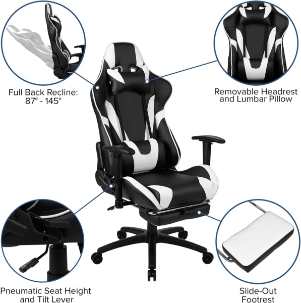 Flash Furniture Gaming Stuhl mit hoher Rückenlehne – Ergonomischer Bürosessel mit verstellbaren Armlehnen und Fußstütze – Perfekt als Zockerstuhl und fürs Home Office – Weiß Bild 5
