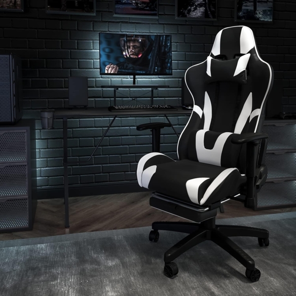 Flash Furniture Gaming Stuhl mit hoher Rückenlehne – Ergonomischer Bürosessel mit verstellbaren Armlehnen und Fußstütze – Perfekt als Zockerstuhl und fürs Home Office – Weiß Bild 2