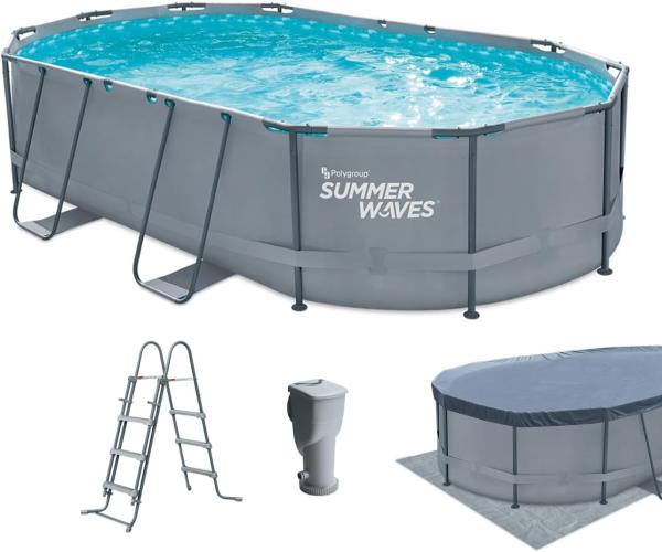 Summer Waves Active Frame Pool | Aufstellpool oval | inkl. Zubehör | Grau | 488x305x107 cm