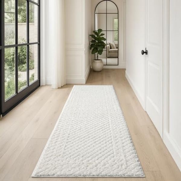 Teppich Läufer fürs Flur - 80x300cm - Hochflor - Boho - Pastell Creme - Einfarbig - Modern Raute Muster- Skandinavisch Flauschig Weich - Schlafzimmer