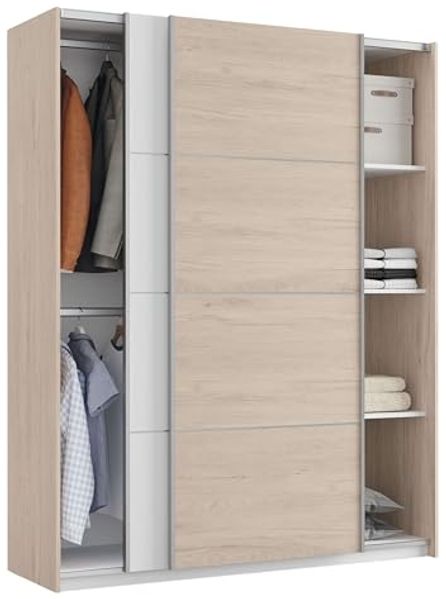 Muebles Pitarch | Schlafzimmerschrank 2 Schiebetüren Aluminiumprofil 2 Stangen, Weiß und Aurora Eiche, 200 x 150 x 62 cm (Höhe x Breite x Tiefe), Modern, Modell Onix