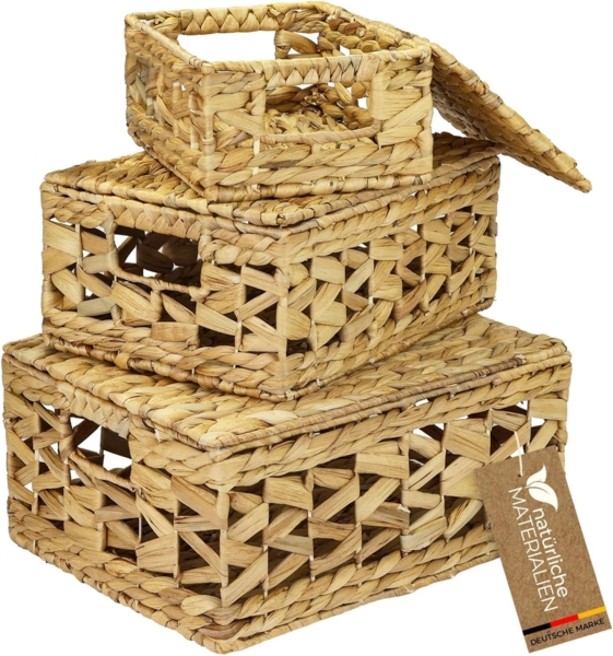 HMF Aufbewahrungskorb Aufbewahrungskorb mit Deckel, 3er-Set (3 St), Korb geflochten aus Wasserhyazinthe, Klein, Mittel, Groß