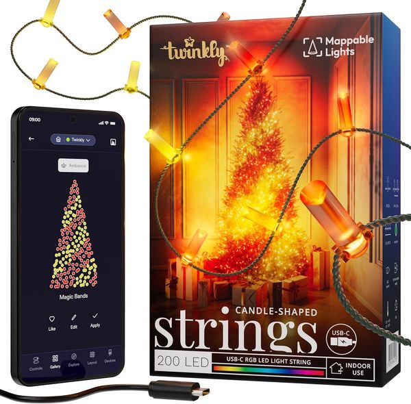 Twinkly Strings Candle 200 LED, LED-Lichterkette in Kerzenform, RGB LED-Lichter Mehrfarbig, Kompatibel mit Alexa & Google Home, Gaming-Lichter, Stromversorgung über USB-C, Grünes Kabel, 2x6 m