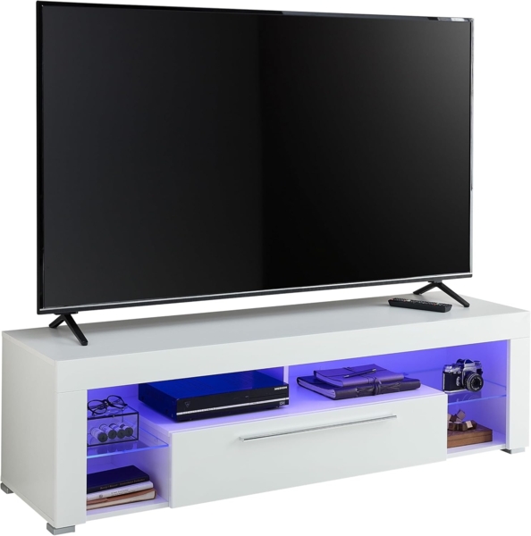 GOAL Lowboard in Hochglanz Weiß mit blauer LED-Beleuchtung - hochwertiges TV-Board mit viel Stauraum für Ihr Wohnzimmer - 153 x 44 x 44 cm (B/H/T)