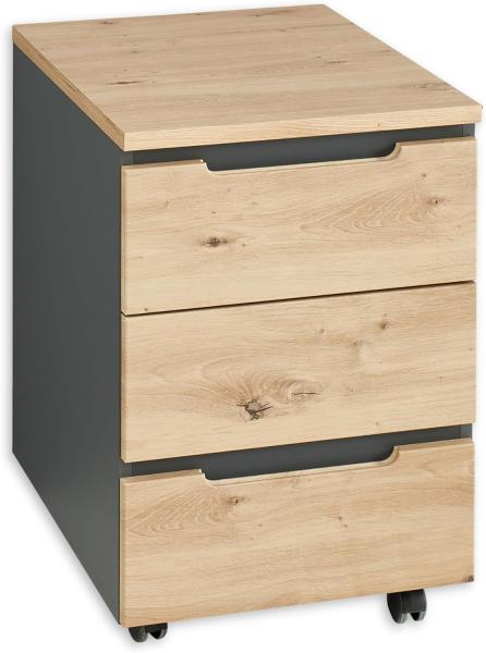 Stella Trading Memphis Rollcontainer Schreibtisch in Artisan Eiche Optik, Graphit - Mobiler Büroschrank mit Schubladen - 45 x 66 x 55 cm (B/H/T)