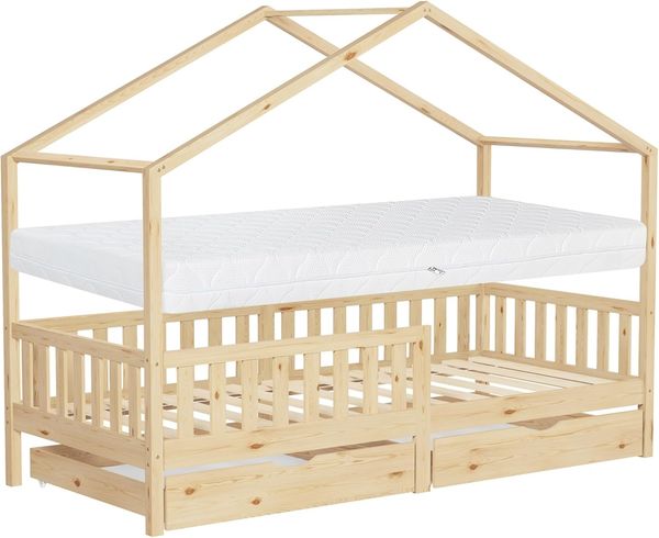 ML-DESIGN Spielbett Hausbett Kinderbett inkl. 2 Schubladen, Lattenrost und Rausfallschutz, Abenteuerbett 90x200cm mit Matratze Himmelbett Kiefer Jugendbett Natur