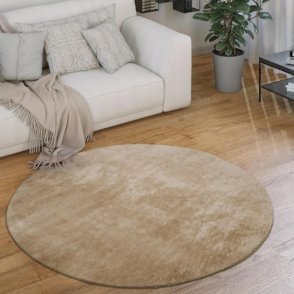 Paco Home Waschbarer Teppich Rund Wohnzimmer Kurzflor rutschfest Modern Flauschig Einfarbiges Muster, Grösse:120 cm Rund, Farbe:Beige 2