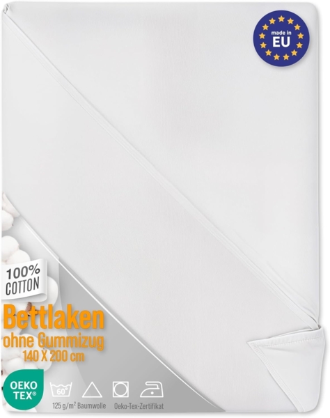 Bettlaken ohne Gummizug Baumwolle 160x220 cm - Bed Sheets Betttuch ohne Gummi und Laken Bedsheets Baumwollstoff weiß und Kochfest mit Oeko-Tex-Zertifikat 160x220