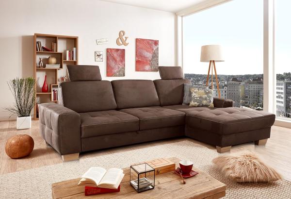Cavadore Ecksofa Puccino mit Federkern, verstellbarer Rückenlehne und 2 Kopfstützen / Couch in L-Form im Landhausstil / 281 x 86 x 178 cm / Mikrofaser braun Bild 2