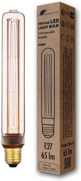 greenandco LED Vintage Glühbirne zur Stimmungsbeleuchtung | dimmbar | E27 T30 | klar | 2,3W 65lm | 1800K extra warmweiß | 320° | 230V | flimmerfrei | Edison Glühbirne
