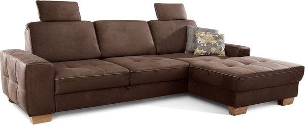Cavadore Ecksofa Puccino mit Federkern, Bettfunktion, verstellbarer Rückenlehne und 2 Kopfstützen / Couch in L-Form im Landhausstil / 281 x 86 x 178 cm / Mikrofaser braun