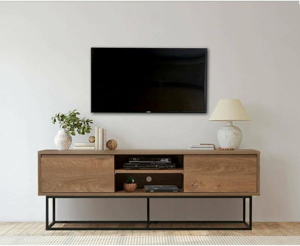 Dmora - Fernsehschrank Selena, Ständer für Wohnzimmerfernseher, Niedriges Wohnzimmer-Sideboard, TV-Ständerbasis, 140x40h50 cm, Walnuss und Schwarz