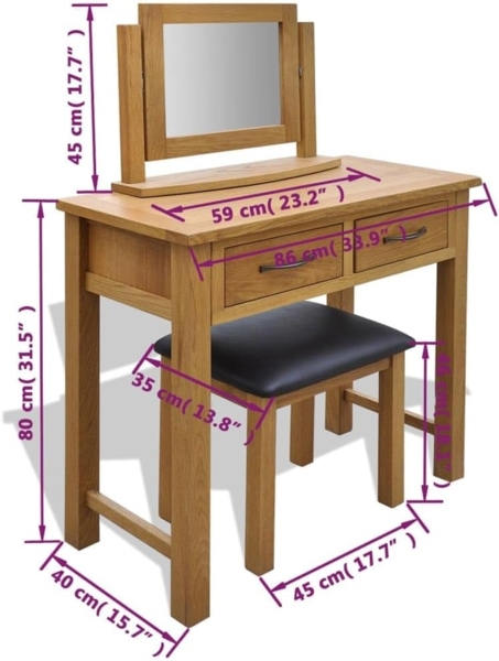 vidaXL Frisiertisch mit Hocker Massivholz Eiche 242742 Bild 2