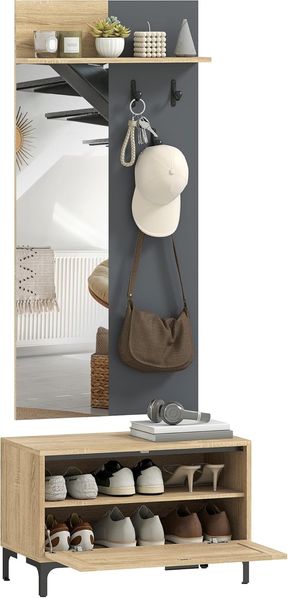 HOMCOM Garderobe Set, Garderobe mit Spiegel, Haken, Schuhbank, Ablage, Garderobenständer, Garderobenset, Flurgarderobe mit Klappschublade, für den Flur, 60 x 13,5 x 127,5 cm, Naturholz