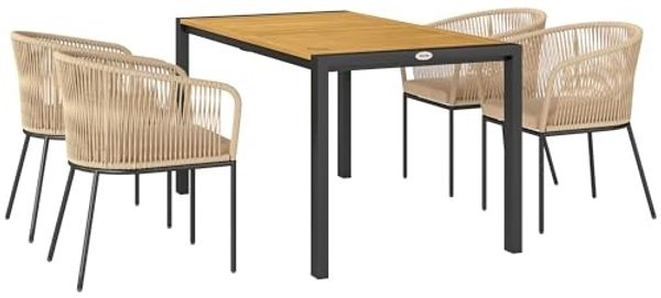 Outsunny Sitzgruppe mit Tisch, 4 Stühle, abnehmbar Sitzkissen, (wetterfest Balkonmöbel für 4 Personen, 5-tlg, 5-teiliges Polyrattan Gartenmöbel-Set), für Balkon, Garten, Naturholz+Khaki