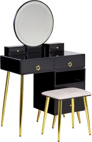 Schminktisch mit rundem LED-Spiegel Hocker 6 Schubladen schwarz gold YVES