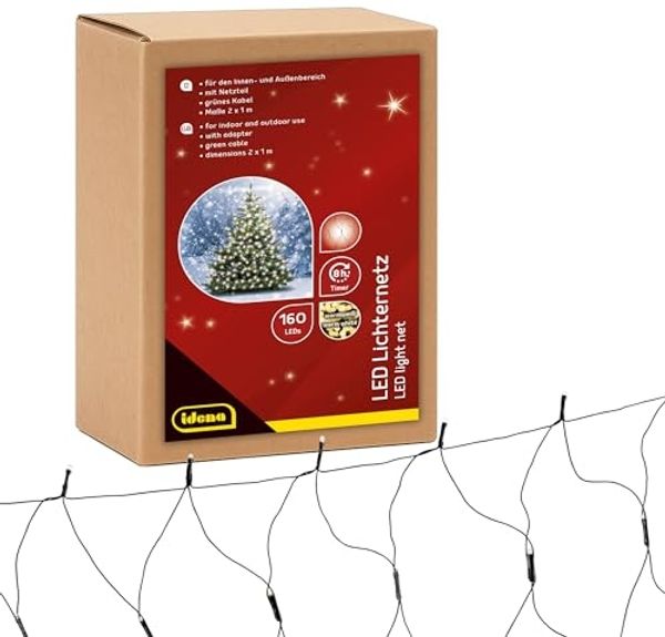 Idena 31899 - LED Lichternetz mit 160 LEDs in Warmweiß, ca. 2x1 m, für Außen & Innen, mit 8 Stunden Timer Funktion und Transformator, als Party Deko, Weihnachtsdeko, zur Hochzeit