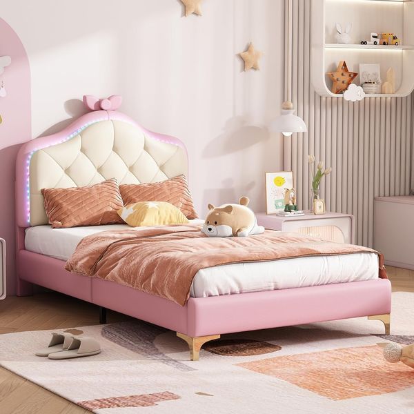 Ball & Cast Polsterbett (90x200 cm) Kinderbett mit Weichen Schutzkanten und Nachttischbeleuchtung, Tagesbett mit Rosa Schleifenkopfteil, Weiß+Rosa