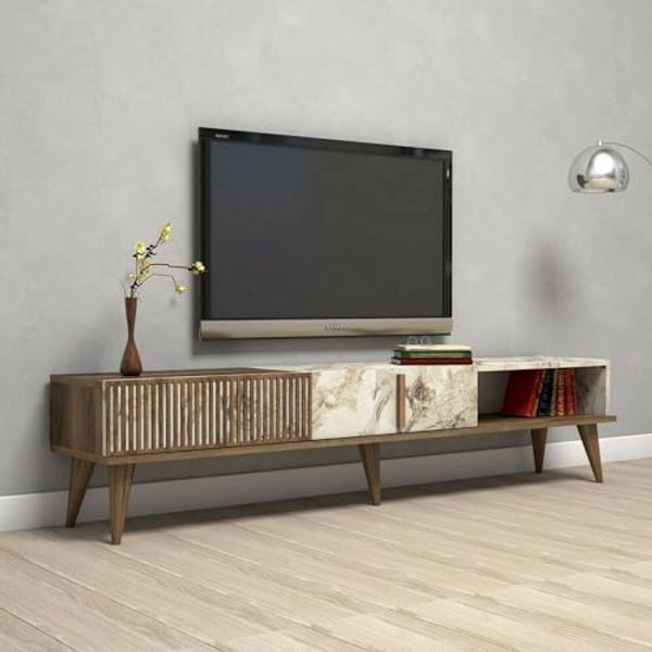 Dmora - Fernsehschrank Aquila, Ständer für Wohnzimmerfernseher, Niedriges Wohnzimmer-Sideboard, TV-Ständerbasis, 180x35h40 cm, Walnuss und Weiß