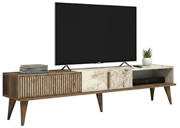 Dmora - Fernsehschrank Aquila, Ständer für Wohnzimmerfernseher, Niedriges Wohnzimmer-Sideboard, TV-Ständerbasis, 180x35h40 cm, Walnuss und Weiß Bild 2