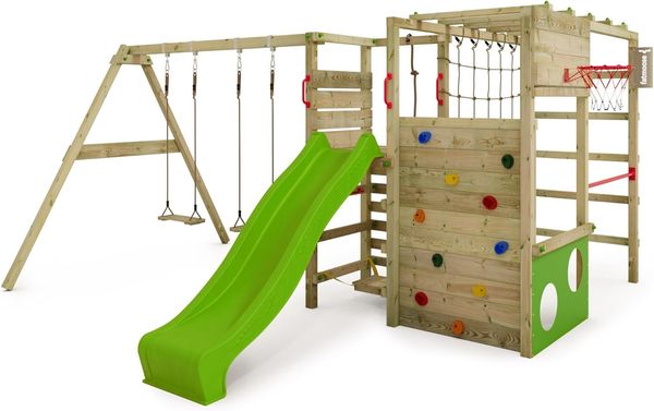FATMOOSE Klettergerüst Spielturm ActionArena mit Schaukel & apfelgrüner Rutsche, Gartenspielgerät mit Leiter & Spiel-Zubehör