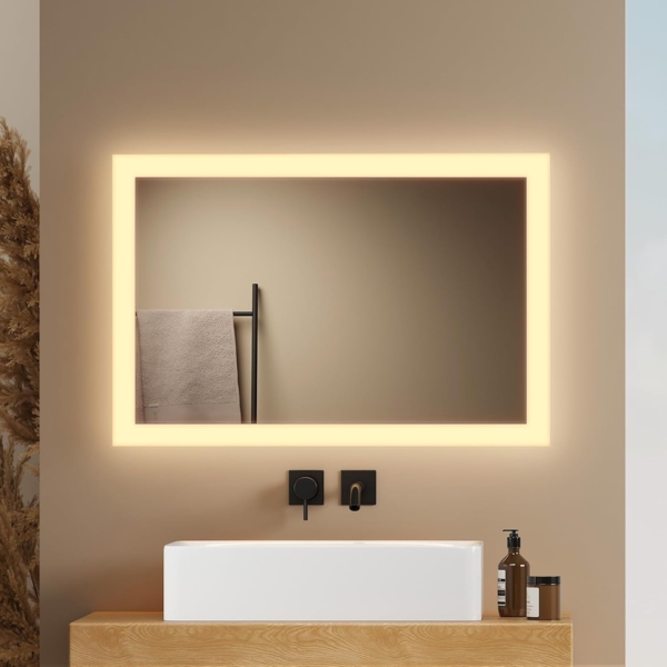 EMKE Badspiegel mit LED Beleuchtung und Wandschalter, Warmweiß, Horizontal / Vertikal, 40x60 cm