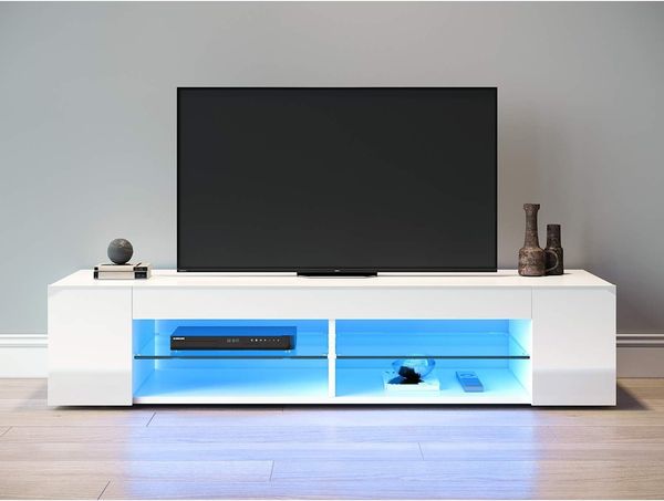SONNI TV-Lowboard Fernsehschrank Fernsehtisch 135 x 39 x 30 cm Schranks in Weiß Hochglanz mit LED Beleuchtung Glasböden TV Mediaboard